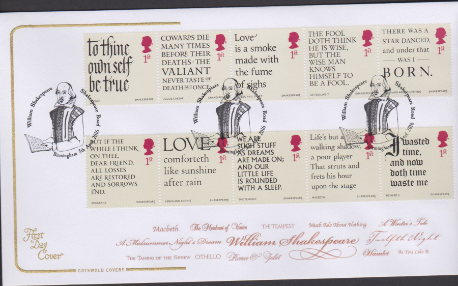 2016 - Shakespeare Cotswold First Day Cover - Shakespeare Road Birmingham Postmark